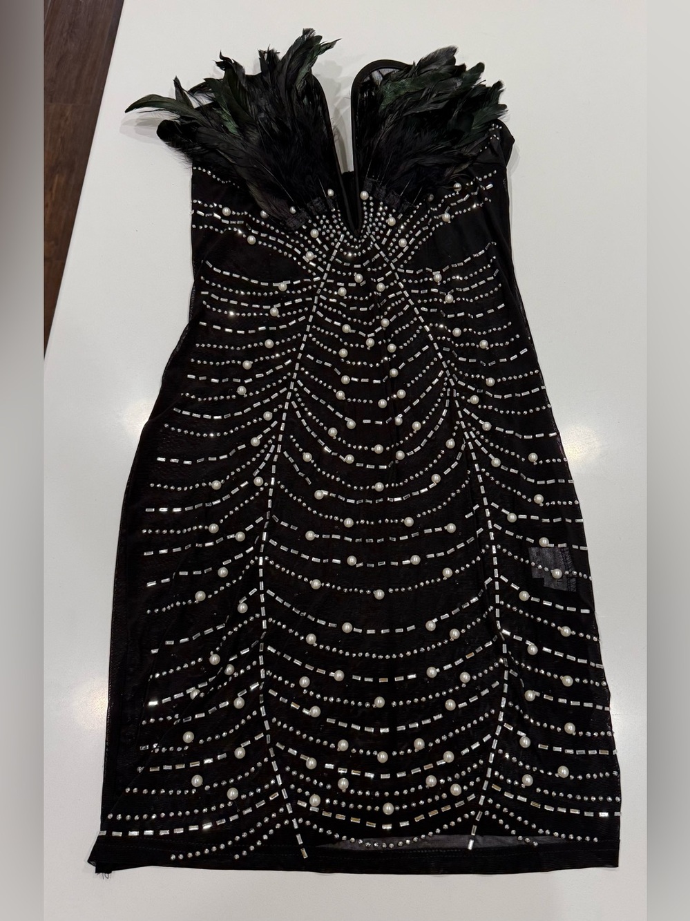 Black Mesh Feather Trim Beaded Cocktail Dress Strapless Mini Dress Sz L